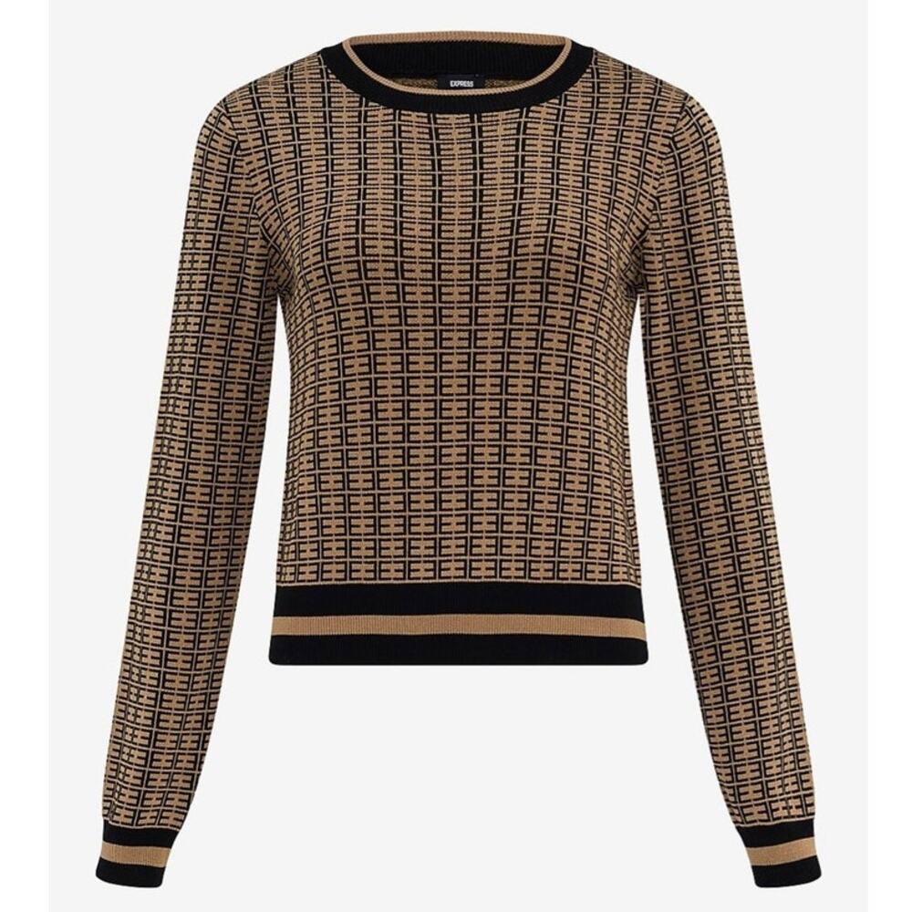 Express Tan & Black Checkered Knit Sweater – Women’s XS